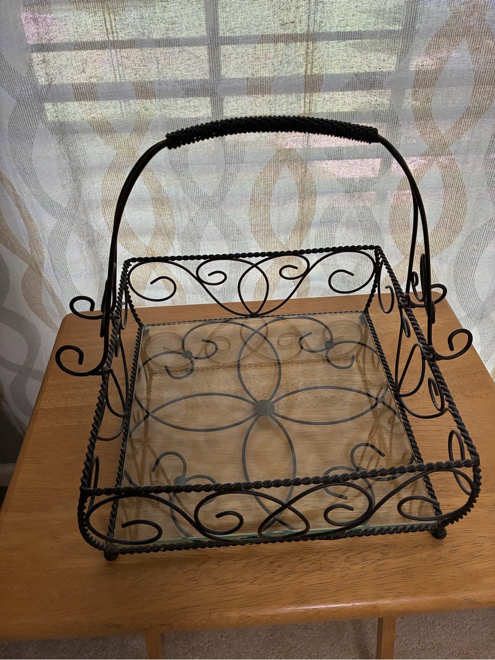 Wrought Iron Scroll Basket Tray with Glass Insert - Black